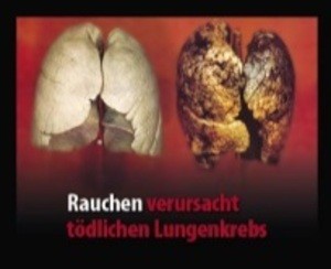 Bild einer gesunden und einer kranken Lungen mit der Aufschrift: "Rauchen verursacht tödlichen Lungenkrebs", © Europäische Kommission