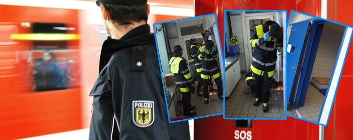 Feuerwehr musste die Tür der Gewahrsamszelle aufflexen - Bundespolizei — © Fotos: Bundespolizei, Montage: münchen.tv