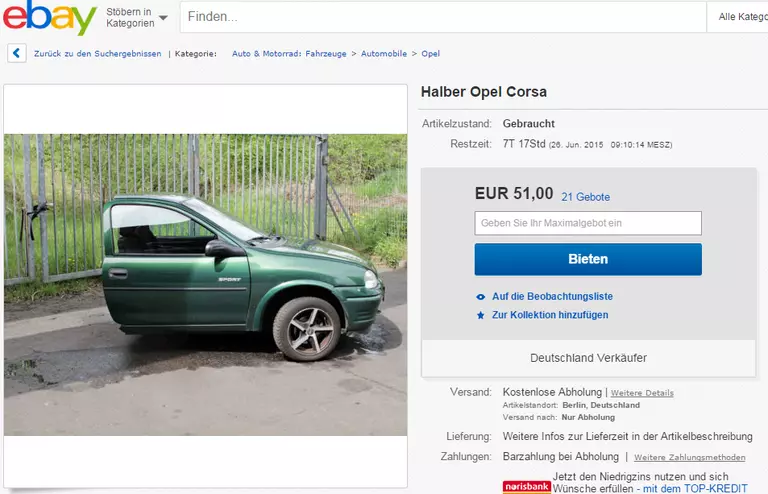 Keine halben Sachen machte ein Berliner nach seiner Scheidung. Er zersägt unter anderem sein Auto. — © (Keine) halben Sachen machte ein Berliner nach seiner Scheidung. Er zersägt unter anderem sein Auto und bietet es auf eBay zum Verkauf an. Foto: eBay/der.Juli