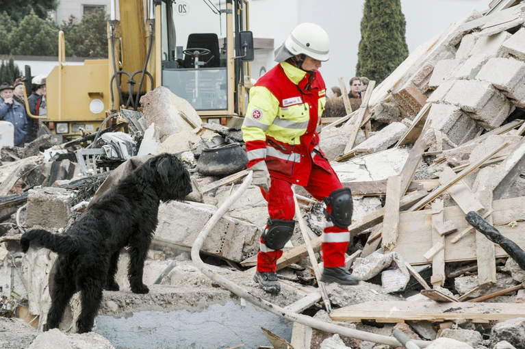 Johanniterhelferin und ein Rettungshund durchsuchen einen Trümmerhaufen — © Foto: Die Johanniter