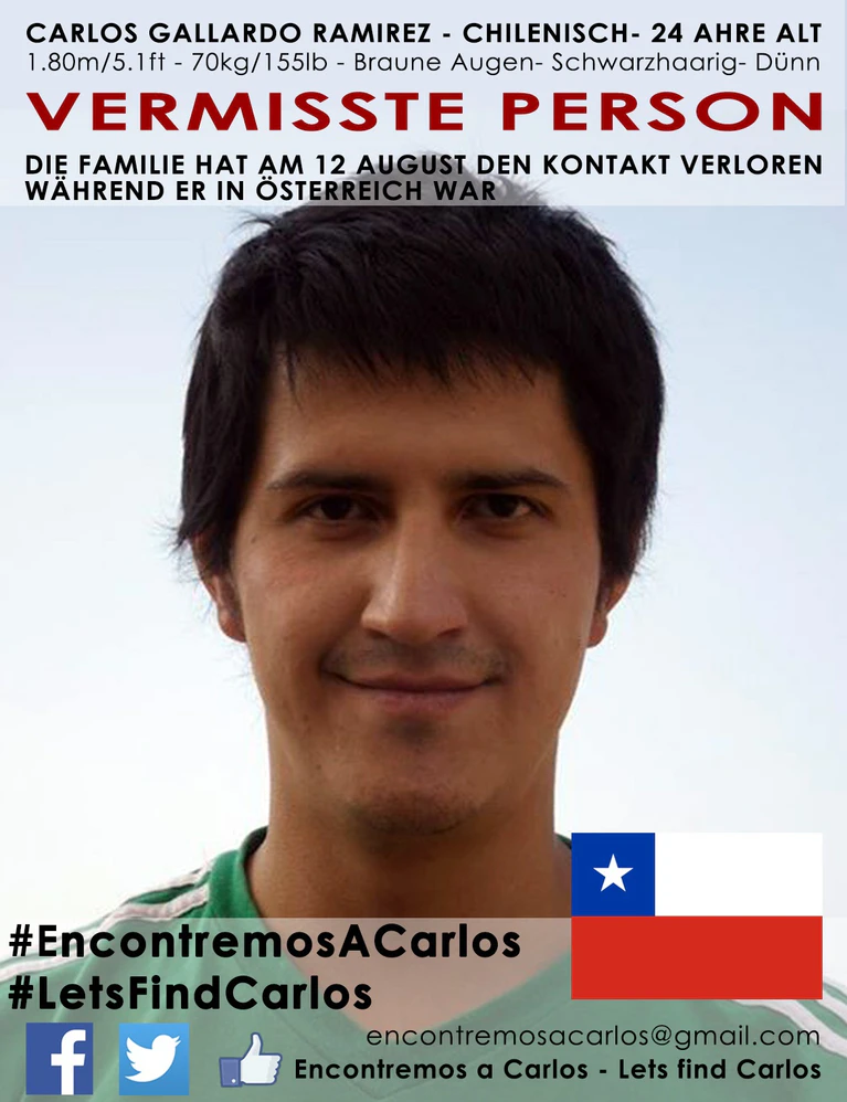 chilenischer Student, vermisst, Carlos Gallardo Ramirez, Berchtesgaden, Salzburg — © Der 24-jährige chilenische Student Carlos Gallardo Ramirez wird seit Mitte August vermisst