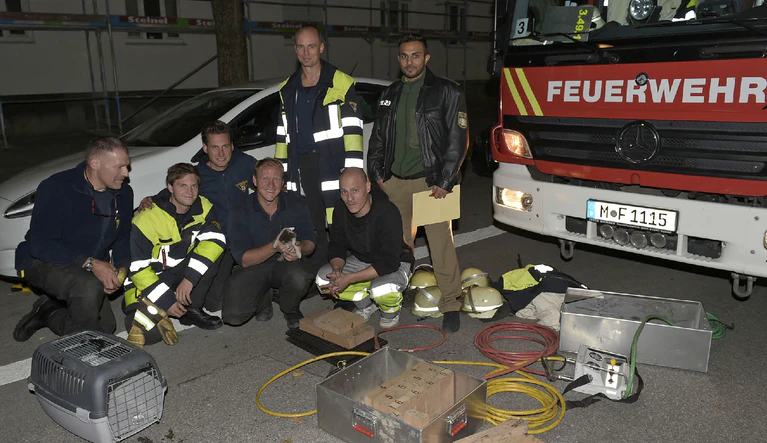 Feuerwehrmänner halten das Katzenbaby in die Kamera — © Foto: Berufsfeuerwehr München