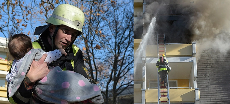 Ein Feuerwehrmann rettet ein Baby aus den Flammen, ein anderer einen Rentner vom Balkon — © Foto: Berufsfeuerwehr München