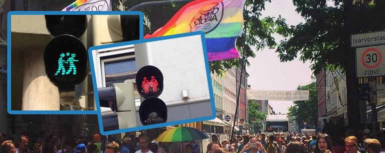 CSD in München mit Ampelmännchen und Regenbogen-Fahnen
