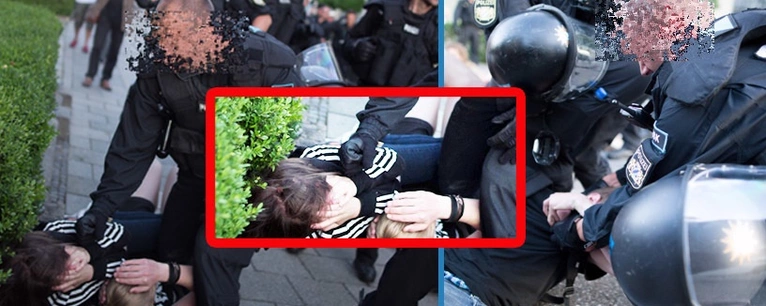 Polizeigewalt: Polizist schlägt Schülerin in München — © Screenshots der Aufnahmen von: <a href="https://24mmjournalism.com/2016/07/18/pegida-starts-marching-again-police-violence-errupts/" target="_blank"> 24mmjournalism.com </a>
