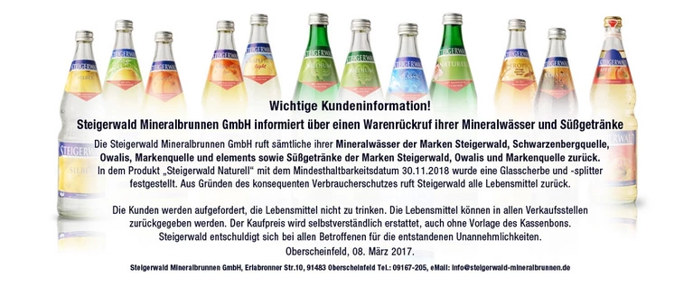 Steigerwald Mineralbrunnen ruft aufgrund eines Glasscherbenfundes all seine Produkte zurück. — © Foto: http://www.steigerwald-mineralbrunnen.de/