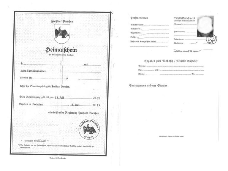 Gefälschter Preußischer Heimatschein — © Fantasiedokumente eigenen sich nicht zum Reisen und beenden diese noch bevor sie angefangen hat