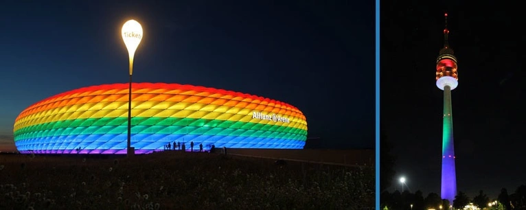 Die Allianz Arena und der Münchner Olympiaturm in Regenbogen-Farben — © Foto: Allianz Arena/B. Ducke / Olympiapark München