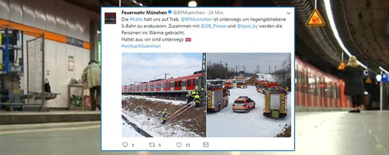 — © Die Münchner Berufsfeuerwehr twittert von der Evakuierung der liegengebliebenen S-Bahn