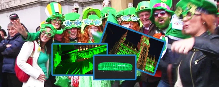 St-. Patrick's Day mit Grrenings (grün beleuchtete Gebäude) in München