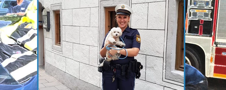Eine Polizistin hält den Hund auf dem Arm, der aus dem Auto befreit wurde.