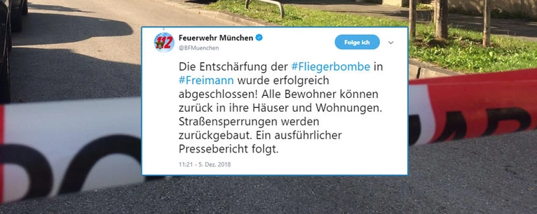 Mitteilung der Feuerwehr: Fliegerbombe in München-Freimann erfolgreich entschärft