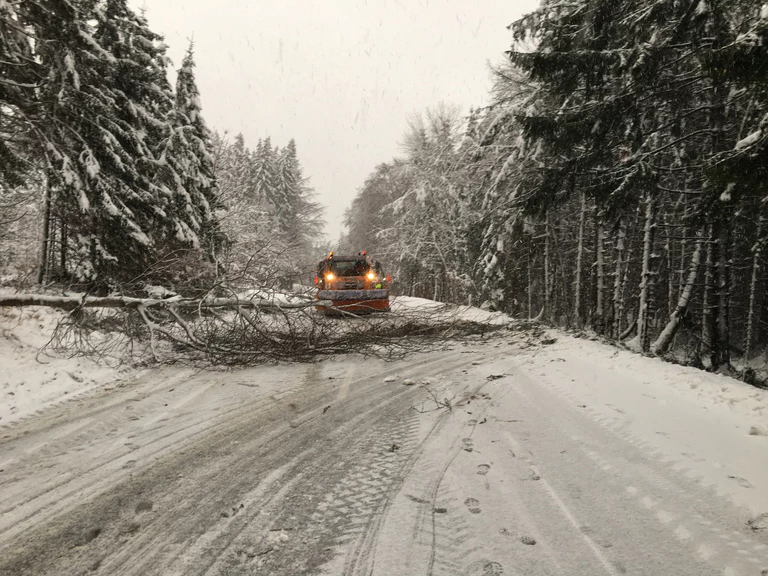 gesperrte Strassen und umgeknickte Bäume wegen starken Schneefällen — © Foto: Straßenbauamt Weilheim