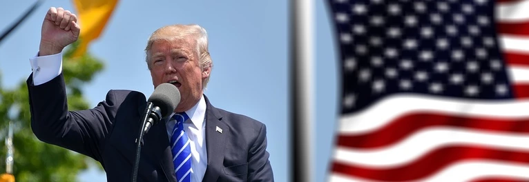 Donald Trump neben der US-Flagge