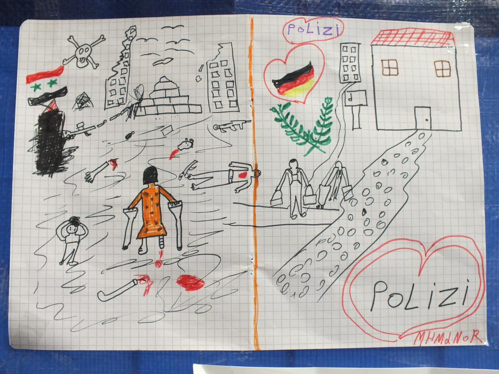 syrisches Flüchtlingskind, Syrien, Krieg, Deutschland, Bundespolizei, Bild, Ein syrisches Flüchtlingskind hat der Bundespolizei ein schockierendes Bild gemalt. Foto: Bundespolizei
