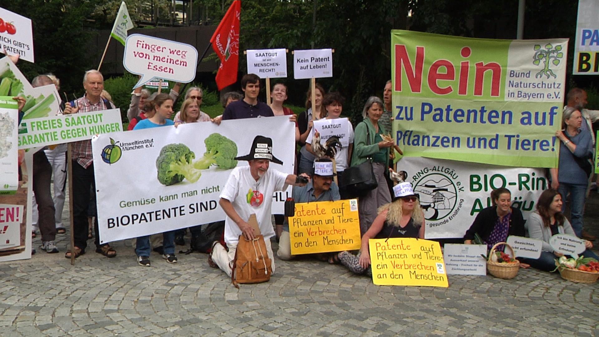 gruppe von Menschen mit Plakaten demonstrieren, 800 000 Unterschriften wurden an das Europäische Patentamt überreicht