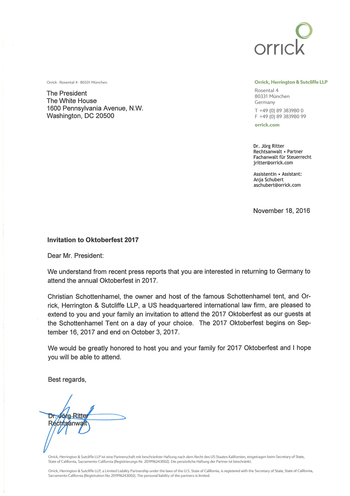 Barack Obama, Wiesn, Schottenhamel, Oktoberfest, Einladung, Foto: Schottenhamel OHG