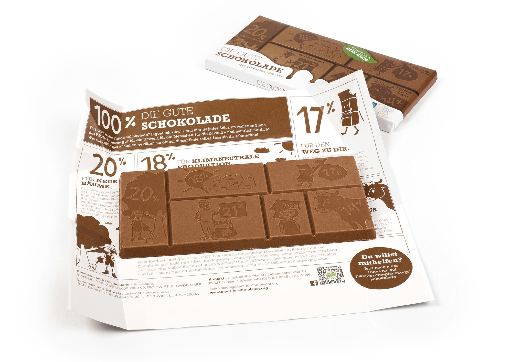 Die Gute Schokolade ist ein Non-Profit-Produkt der Initiative Plant-for-the-Planet.  , Mit 20 Prozent des Verkaufserlöses einer Tafel wird ein Baum gepflanzt. Foto: Plant-for-the-Planet