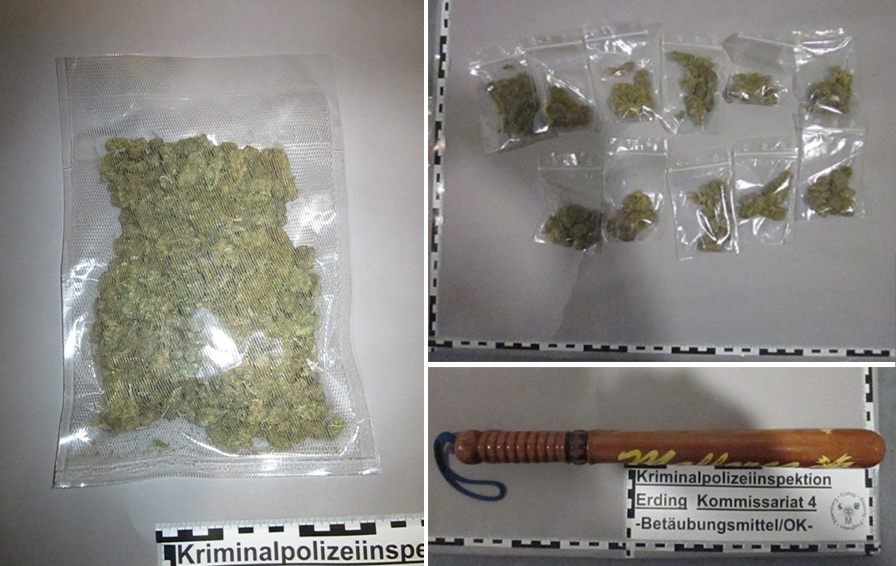 Sichergestelltes Rauschgift und Schlagstock eines 18-jährigen Dealers, Foto: Polizeipräsidium Oberbayern Nord