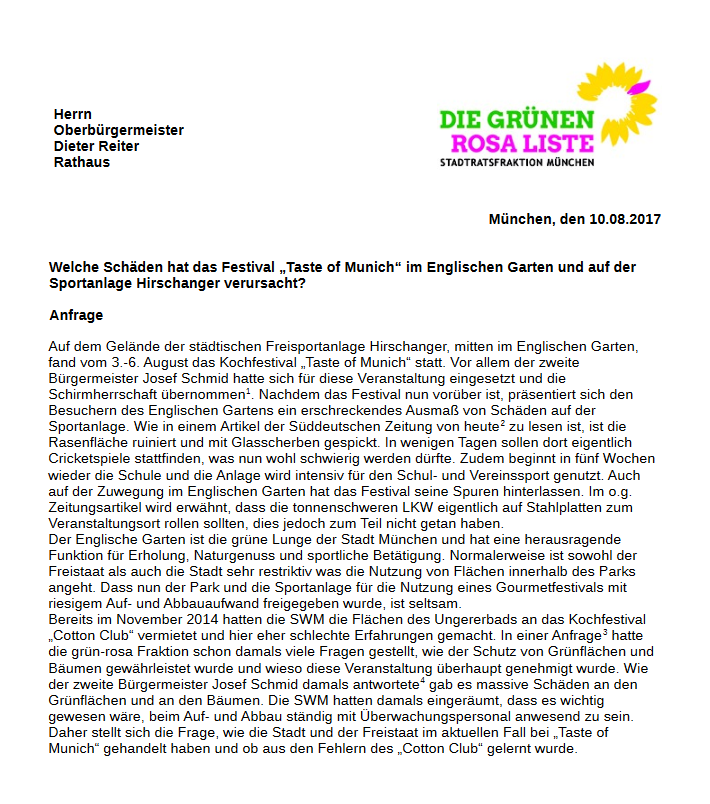Anfrage der Stadtrats Grünen zum Taste of Munich, Rathausumschau vom 11.8.2017