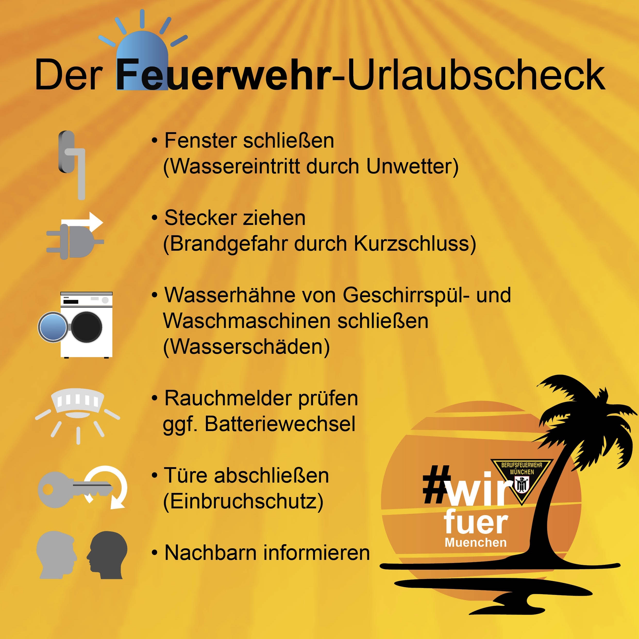 Die Münchner Feuerwehr hat eine Checkliste für alle Urlauber erstellt., Berufsfeuerwehr München